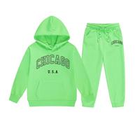 Générique Tenue Enfant Garçon Fille Manches Longues Uni Chaud Sweat à Capuche Pullover Haut Pantalon Mode Décontracté Chicago Imprimé Vêtements Corsage(Green, 7-8 Years)