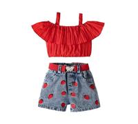 Générique Tenue Estivale pour Fillettes débardeur dénudé Top en Denim et Short brodé Fraises Ensemble Confortable et stylé (Red, 6-7 Years)