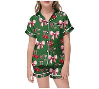 Générique Tenue Été Fille Grandes Tailles Col Manches Courtes Fruit Couleur Rouge À Lèvres Imprimé Chemise avec Taille Élastique Pantalon Court Pyjama pour Dormir(Army Green, 4-5 Years)