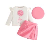 Générique Tenue Fille Enfant Manches Longues Florale T Shirt Haut Jupe Short Chapeau Ensemble Complet pour Saisons Fraîches(12-18 Months)