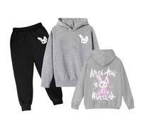 Générique Tenue Grande Enfant Manches Longues Graffiti Cartoon Lapin Imprimé Sweat à Capuche Haut Pantalon Décontracté Vêtements Corsage(Grey, 12-13 Years)