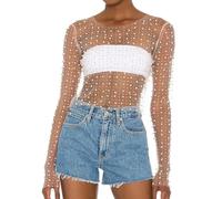 Générique Tenue Plage Femme éTé, Perle Strass Transparente Haut Court Sexy Voir à Travers à Manches Longues Coupe AjustéE Chemisier Court Chemise Clubwear (Beige, XL)