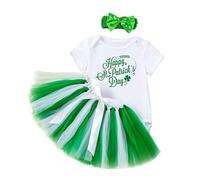 Générique Tenue Saint Patricks Fille Body Manches Courtes Imprime Lettre Jupe Resille Artisanale Accessoire Cheveux 3-24 Mois(Green, 12-24 Months)