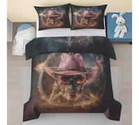 Générique Tête de Mort Housse de Couette 220x240, Motif Crâne Flamme Microfibre Housse de Couette avec Fermeture Éclair, Western Gothique Parure de Lit 3 Pièces avec 2 Taies d'oreiller 65x65 jSn52