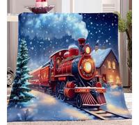 Générique Thème de Noël Couverture Chaude Hiver Train À Vapeur Maisons 3D Impression Plaid Polaire Couverture Douce Moelleuse 180 x 200 cm Flanelle Couverture De Lit Plaid Jeté De Canapé