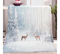 Générique Thème de Noël Couverture de Laine 180 x 220 cm 3D Couverture Fond d'hiver Neige Pins Cerfs Plaid Couverture Polaire Flanelle Chaude Douce Moelleuse 3D Microfibre Couvre-lit Jeté de Canapé