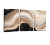 Générique Toile Abstraite Marbre Agate Triptyque Pour Salon | Imprimé sur toile aux veinures marbrées beige et noir, composition en trois panneaux apportant une atmosphère organique