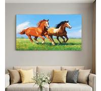 Générique Toile Murale XXL Chevaux Prairie Immense Nature 150 x 100 cm Bleu | Grand Tableau Géant Sans Cadre, Oeuvre Murale Équestre Impressionnante pour Grand Salon et Ferme, Toile Textile Durable