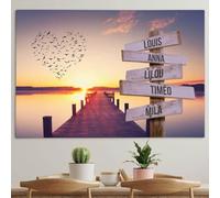 Générique Toile personnalisée cadre en bois prénoms Ponton et coucher de soleil Famille en couleur (100 x 75 cm)