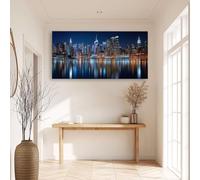 Générique Toile Tableaux Salon Photographie Urbaine, Impression sur Toile Affiche Vue Nocturne De New York Lac Decoration Murale Chambre Salle De Bain Cuisine 120 x 80 cm