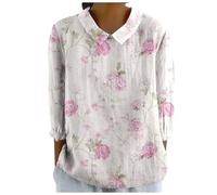 Générique Top Chemise en Lin élégante à Revers et col Ras du Cou pour Femmes,Pull Ample imprimé,décontracté,t-Shirt à Manches Sept Quarts(M)