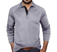 Générique Top de Manga raglán Con botones de solapa a Cuadros de Color sólido de Manga Larga de otoño e Invierno Para Hombre (Grey, L)