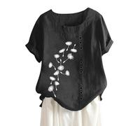 Générique Top Femme Chic Et Élégant Coton Lin Manche Courte Chemise Haut De Loisirs Doux Coupe Classique Tunique Ample Adolescentes Fleurs Tee Shirt Décontracté T-Shirt Blouse, XL