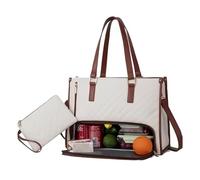 Générique Tote and Luxe Co Bag, 3-in-1 Quilted Tote Bag, with Lunch Compartment and Purse Storage Multiple Compartments (White brown)