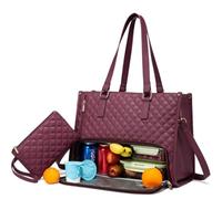 Générique Tote and Luxe Co Bag, 3-in-1 Quilted Tote Bag, with Lunch Compartment and Purse Storage Multiple Compartments (Khaki Wine red)
