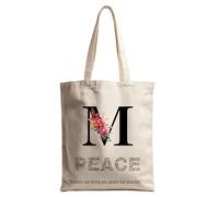 Générique Tote Bag Lettre A-Z Initiale Personnalisée - Sac Fourre-tout en Coton Canvas - Design Fleurs et Citation Peace - Sac Bandoulière Réutilisable Écologique - Accessoire Mode Femme Zen