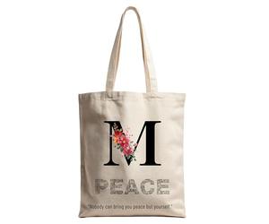 Générique Tote Bag Lettre A-Z Initiale Personnalisée - Sac Fourre-tout en Coton Canvas - Design Fleurs et Citation Peace - Sac Bandoulière Réutilisable Écologique - Accessoire Mode Femme Zen