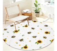 Générique Tournesol Abeille Tapis Rond Lavable Antidérapant, Blanc Jaune Rond Tapis 150 cm Doux à Poil Ras pour Salon Chambre Bureau, Mignon Tapis Circulaire Décoration Intérieure