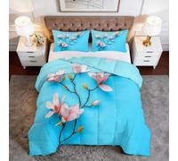Générique Toutes Saisons Couette 160 x 200 cm Plantes Fleurs Magnolia Couette Matelassée Luxueuse et Douce en Duvet et Plumes, Respirante Lavable en Machine, Hypoallergenique, Good Sleep Bleu