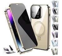 Générique Transmitg Phone Case for iPhone 16/15/14 Series - Privacy Magnetic Double-Sided Tempered Glass Case with Ring Holder Kickstand, All-Round Protection (Privacy/Gold,for iPhone 15)