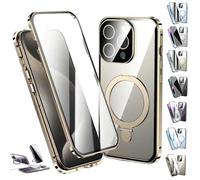 Générique Transmitg Phone Case for iPhone 16/15/14 Series - Privacy Magnetic Double-Sided Tempered Glass Case with Ring Holder Kickstand, All-Round Protection (HD/Gold,for iPhone 12)