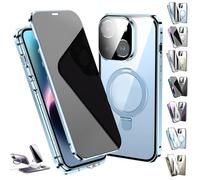 Générique Transmitg Phone Case for iPhone 16/15/14 Series - Privacy Magnetic Double-Sided Tempered Glass Case with Ring Holder Kickstand, All-Round Protection (Privacy/Blue,for iPhone 15)