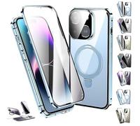Générique Transmitg Phone Case for iPhone 16/15/14 Series - Privacy Magnetic Double-Sided Tempered Glass Case with Ring Holder Kickstand, All-Round Protection (HD/Blue,for iPhone 14pro)