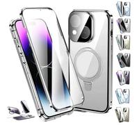 Générique Transmitg Phone Case for iPhone 16/15/14 Series - Privacy Magnetic Double-Sided Tempered Glass Case with Ring Holder Kickstand, All-Round Protection (HD/Silver,for iPhone16pro)