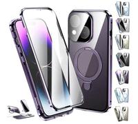 Générique Transmitg Phone Case for iPhone 16/15/14 Series - Privacy Magnetic Double-Sided Tempered Glass Case with Ring Holder Kickstand, All-Round Protection (HD/Purple,for iPhone16)