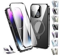 Générique Transmitg Phone Case for iPhone 16/15/14 Series - Privacy Magnetic Double-Sided Tempered Glass Case with Ring Holder Kickstand, All-Round Protection (HD/Black,for iPhone 15pro)