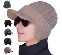 Générique Trapper Blocking Knitted Hats for Men, Soft Cozy Head Winter Thermal Beanie with Brim & Ear Flaps, for Cold Weather (Khaki)