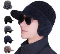 Générique Trapper Blocking Knitted Hats for Men, Soft Cozy Head Winter Thermal Beanie with Brim & Ear Flaps, for Cold Weather (Black)