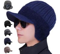 Générique Trapper Blocking Knitted Hats for Men, Soft Cozy Head Winter Thermal Beanie with Brim & Ear Flaps, for Cold Weather (Blue)