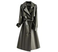 Générique Trench-Coat Long En Cuir Véritable pour Femme, Coupe-Vent avec Ceinture, Couleur Unie, Col À Revers Croisé, Imperméable, Printemps-Automne, Vert Armée, Taille L