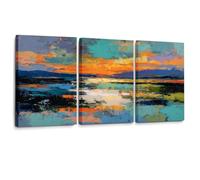 Générique Triptyque Abstrait Coucher De Soleil Impression Sur Toile | Palette vive de coucher de soleil sur toile, trois panneaux pour une ambiance côtière dynamique dans la salle à manger