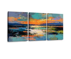 Générique Triptyque Abstrait Coucher De Soleil Impression Sur Toile | Palette vive de coucher de soleil sur toile, trois panneaux pour une ambiance côtière dynamique dans la salle à manger
