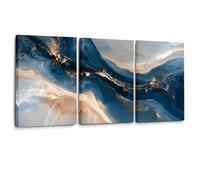 Générique Triptyque Océan Abstrait Toile Murale Décor Côtier Moderne | Ensemble de trois toiles aux vagues marbrées bleu marine et beige pour intérieurs contemporains
