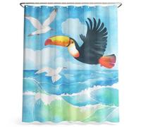 Générique Tropical Côte Rideau de Douche Volant Toucan Mouette Vagues Rideau de Bain Tissu Microfibre Anti Moisissure Imperméable Rideaux Salle de Bain Bleu 200 x 200 cm avec Crochets