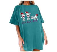 Générique Tshirt Noel Femme Manches Courtes Longue Imprime Wine Glass Holiday Party Ladies Christmas Wine Glass Print Short Sleeve Long Tunic T Shirt Top(Sky Blue, XL)