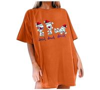 Générique Tshirt Noel Femme Manches Courtes Longue Imprime Wine Glass Holiday Party Ladies Christmas Wine Glass Print Short Sleeve Long Tunic T Shirt Top(Orange, M)