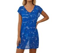 Générique Tunique de Plage élégante pour Femme Robe légère imprimée à Manches Courtes paréo Fluide pour la Plage ou Tenue Estivale décontractée (Blue, XL)