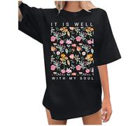 Générique Tunique Femme Oversize Coupe Ample Col Rond Manches Courtes Larges Imprimé Rectangle Floral avec Texte It Is Well et With My Soul Longueur Mi-Cuisse T-Shirt Long Casual Été Détente Ville