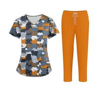 Générique Tunique Médicale Femme Coupe Droite Imprimé Motifs Chien Et Accessoires Col en V Manches Courtes Poches pour Professionnels Orange 2XL