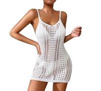 Générique Tunique Plage Femme,Robe Courte Sexy en Tricot Transparent Texturé Crochet Bretelles Spaghetti Cover Up De Plage (White, One Size)