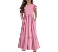 Générique Tween Robe Longue décontractée pour Fille avec Manches à Volants, Double Couche, col Rond, Couleur Unie, Robe d'école, Robe d'été avec Poches (Rose, 12 à 13 Ans)