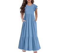 Générique Tween Robe Longue décontractée pour Fille avec Manches à Volants, Double Couche, col Rond, Couleur Unie, Robe d'école, Robe d'été avec Poches (Bleu, 8 à 9 Ans)
