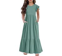 Générique Tween Robe Longue décontractée pour Fille, Robe trapèze à Manches volantées Double Couche, Couleur Unie, col Rond, Robe d'école, Robe d'été avec Poches (Vert Menthe, 6 à 7 Ans)