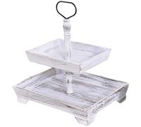 Générique Two Tiered Tray Stand - Rectangle tray for Kitchen, Wooden Tiered Display Stand with Metal Handle | Table Centerpiece, Rectangular Holder for Food Dessert Cupcake Fruit Farm