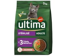 générique Ultima - Croquettes Nutritives au Saumon, Spécial Chats Adultes Stérilisés, Texture Savoureuse (Sac 3kg) - Le Lot De 2
