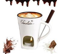 Générique Ultimate Chocolate Fondue Mug Set Ceramic Personal Melting Cup for Cheese, Ideal for Romantic Evenings - Includes Fondue Cups with Forks & Tealight Candle Mini Simmer Mug. (White)